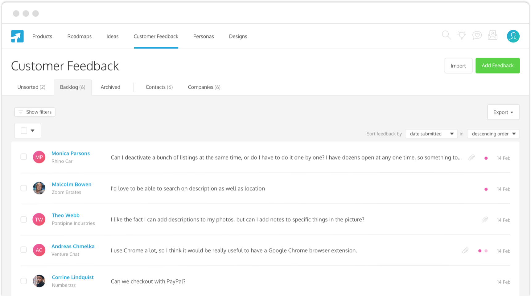 Screenshot of Feedback on ProdPad