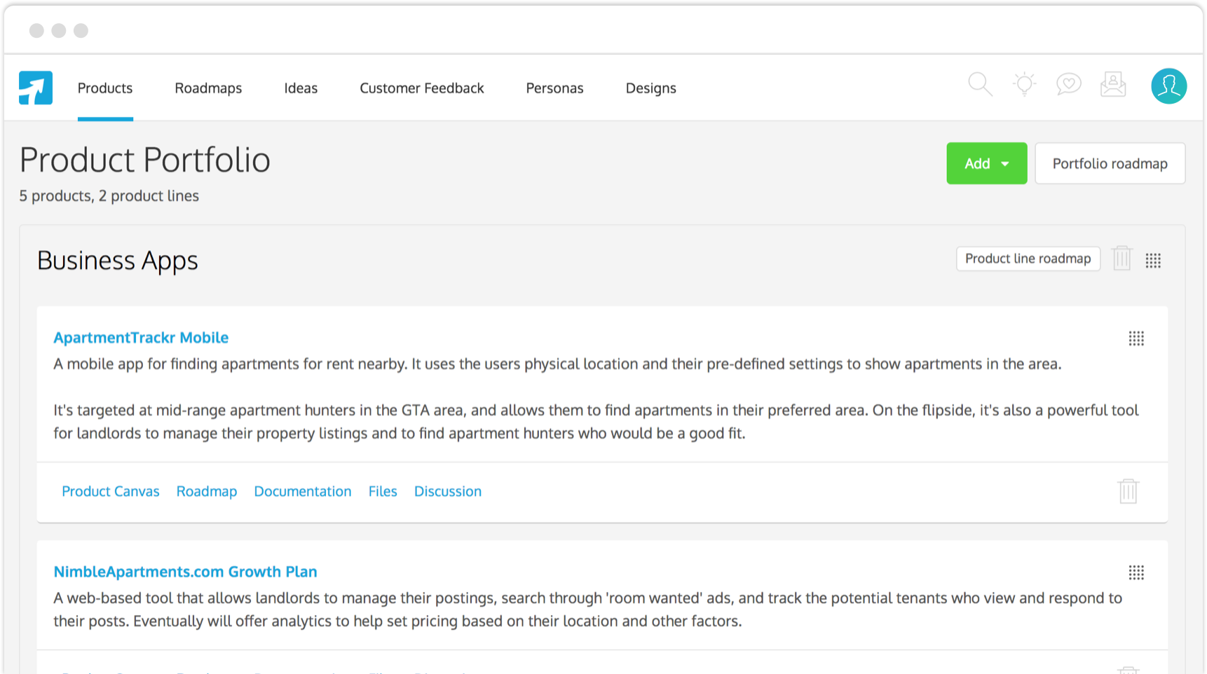 Screenshot of Product Portoflio Management on ProdPad