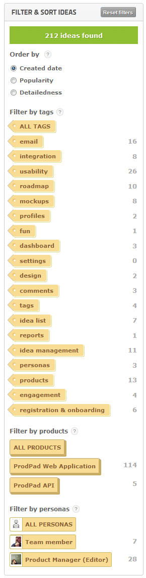 Filters for a product backlog in ProdPad