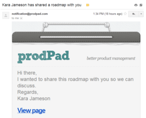Screenshot of sharing a product roadmap by email