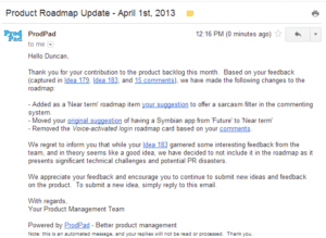 Fake email showing an automated roadmap update. Happy April Fool's Day!