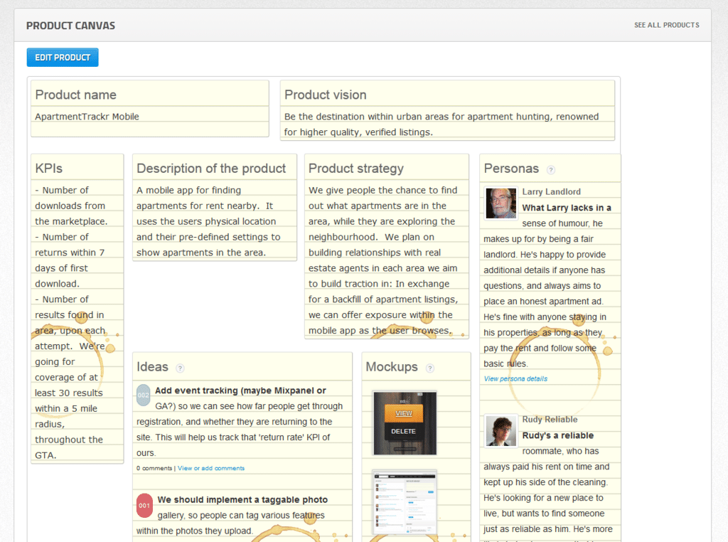 The original ProdPad product canvas
