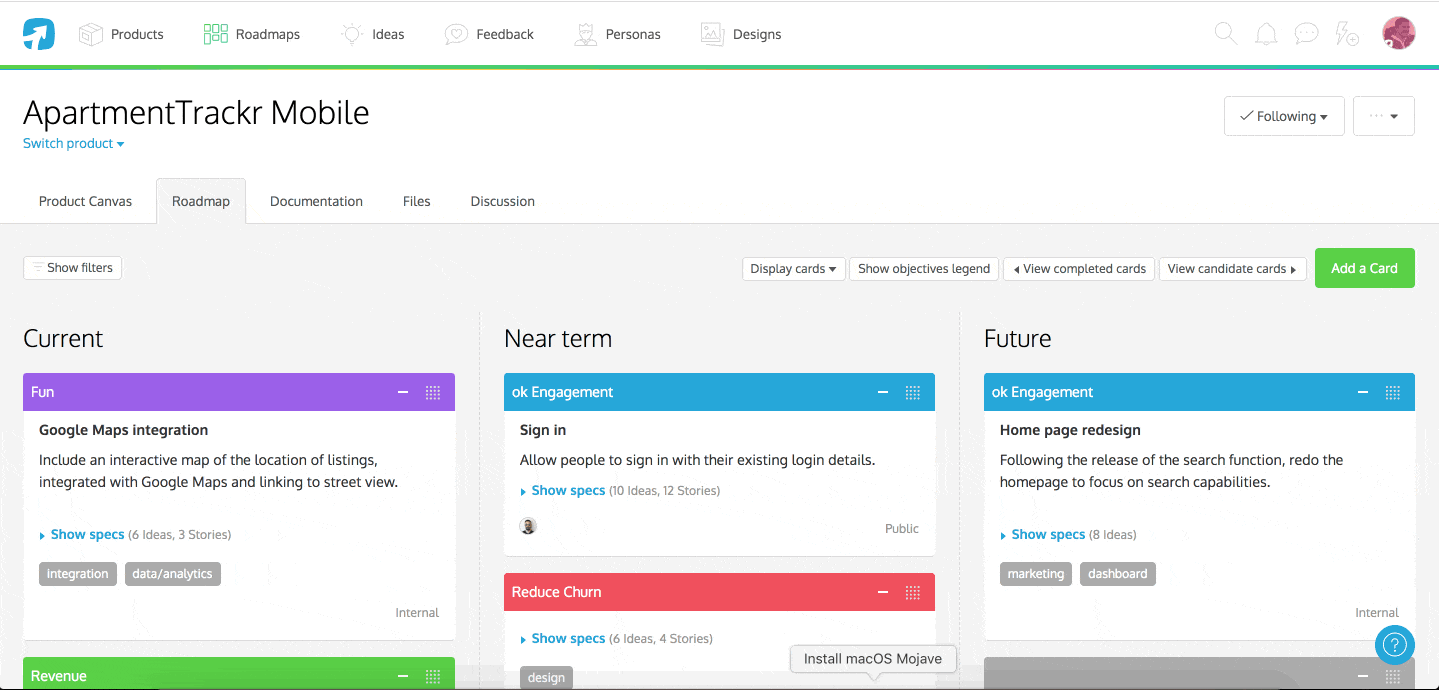 Access revision history for Roadmap Cards