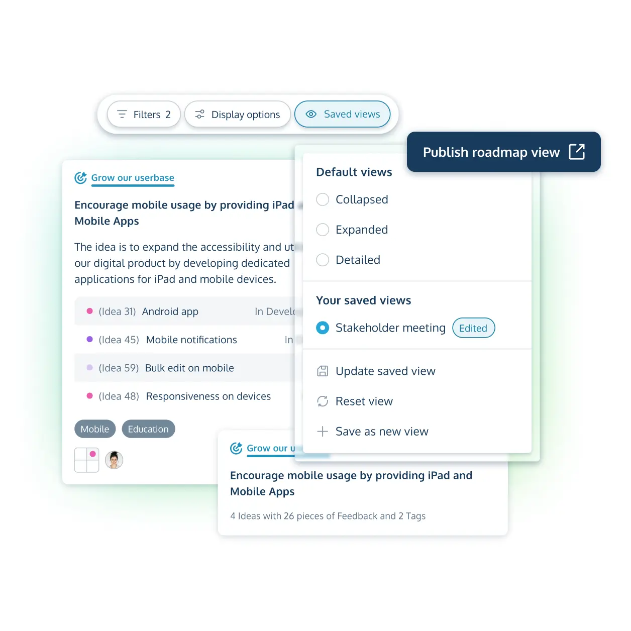 Multiple views of a roadmap in ProdPad roadmap software