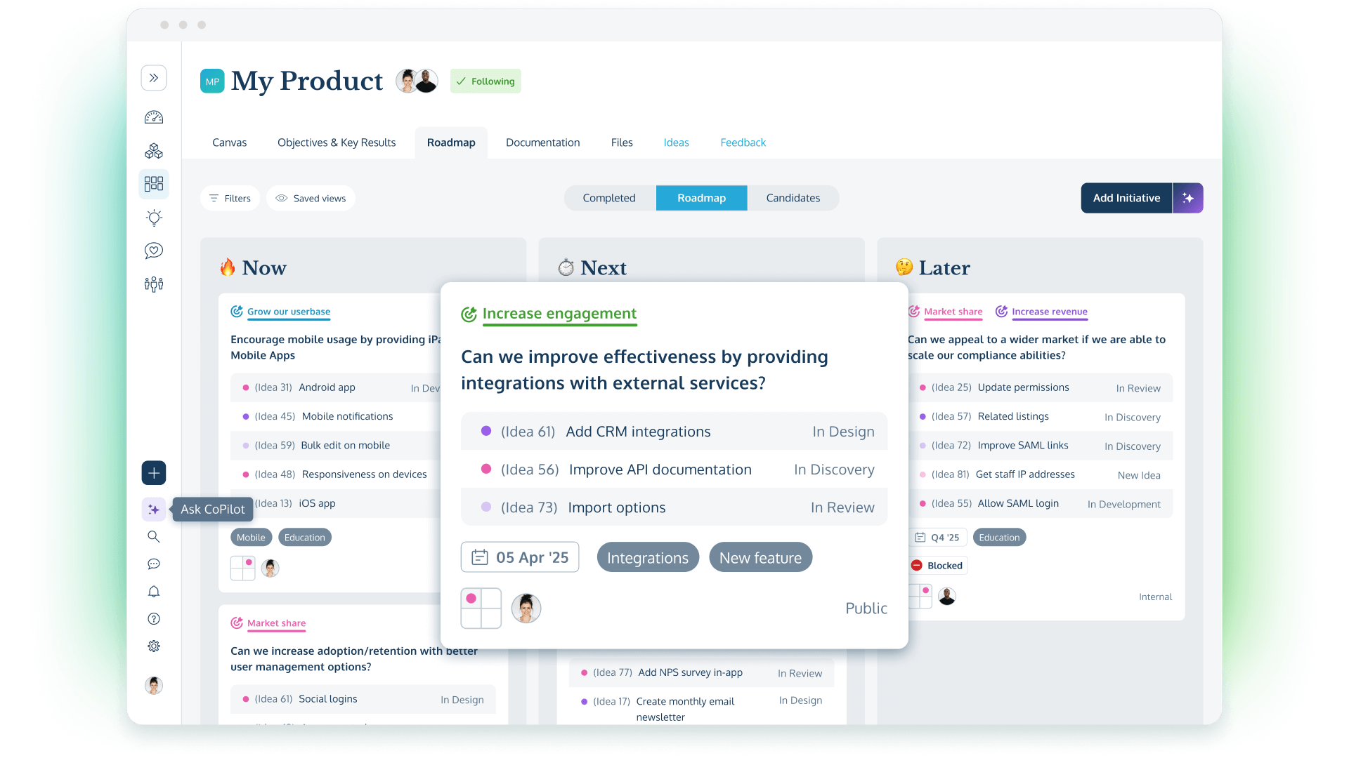 Product roadmap screenshot from ProdPad, product roadmap software for Product Managers