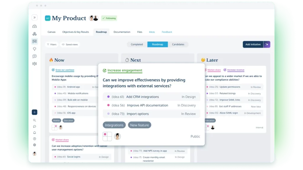 The Now-Next-Later product roadmap in ProdPad, the best Jira Product Discovery Alternative