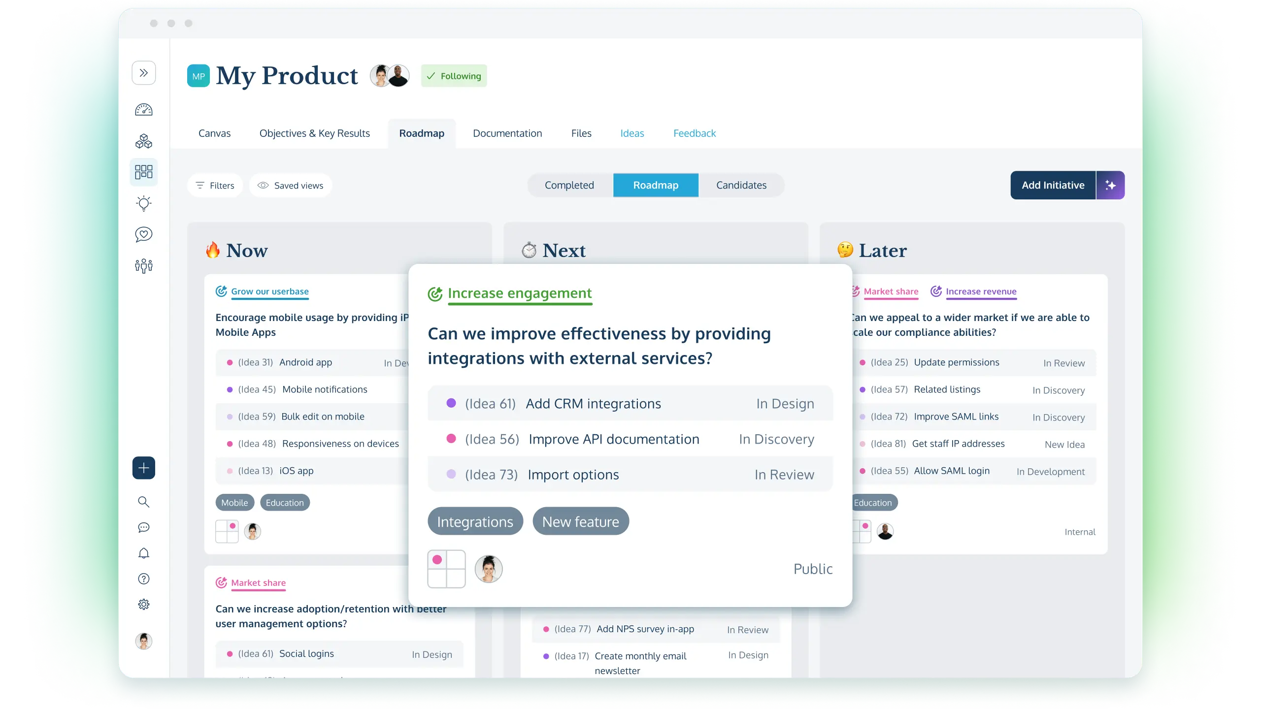 Product roadmap screenshot from ProdPad, product roadmap software for Product Managers