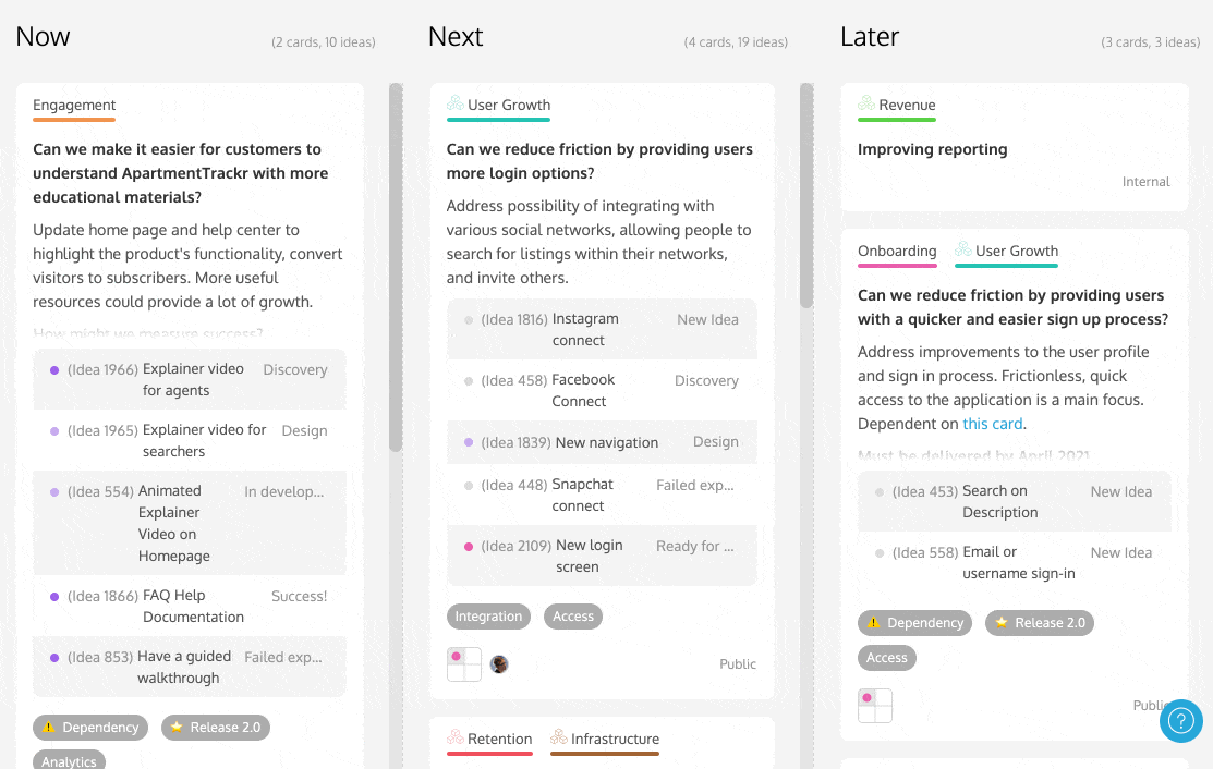 Development-focused roadmap in ProdPad