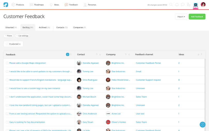 The ProdPad customer feedback table