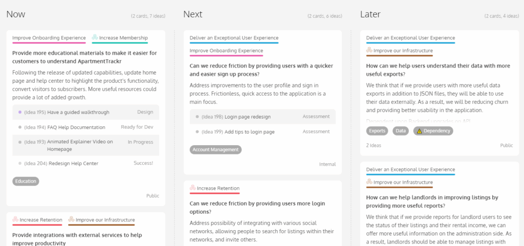 The idea pipeline on ProdPad's product roadmap feature