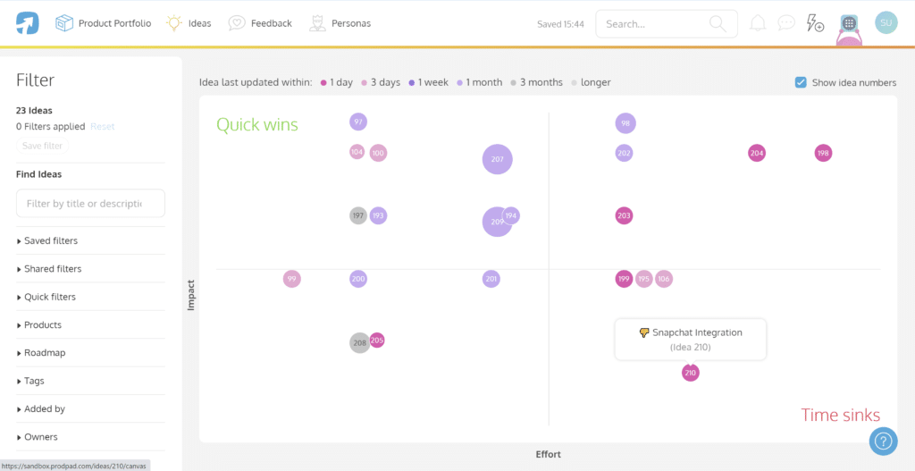 A product manager can prioritize the right ideas in ProdPad with our Ideas feature