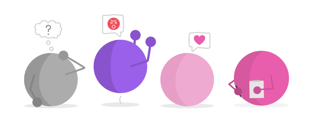Pink Dot the Product Manager is getting user feedback from Light Pink Dot who loves it, Purple Dot is hopping mad and Grey Dot is very confused.