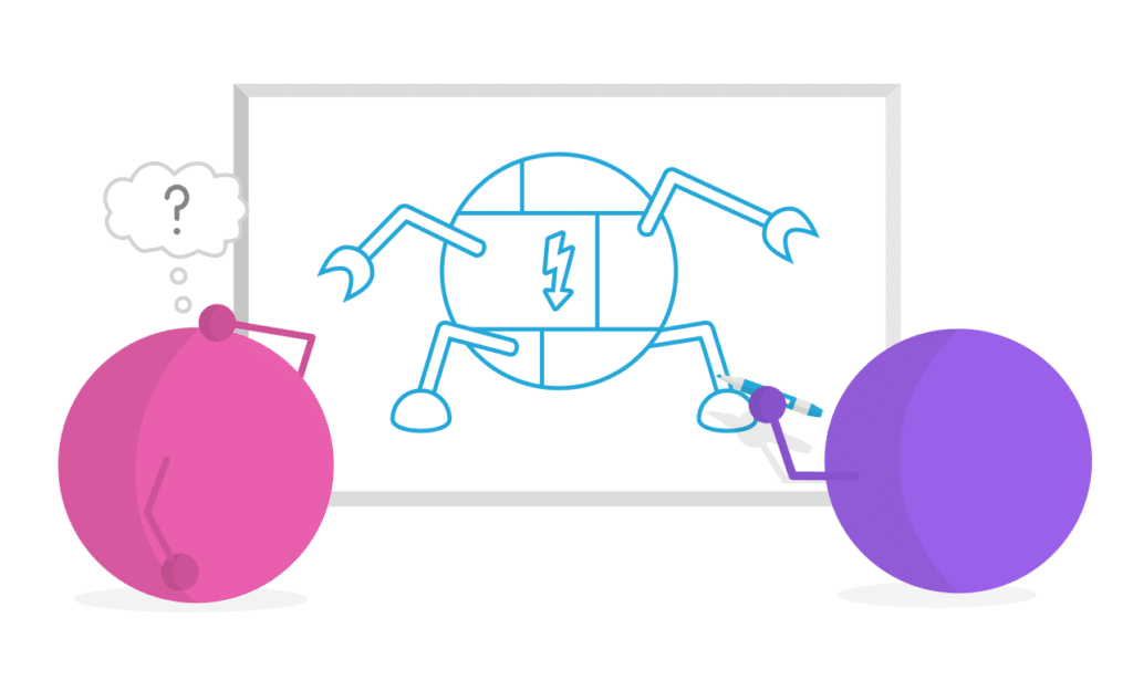 Purple Dot is drawing a robot, while Pink Dot is very confused.