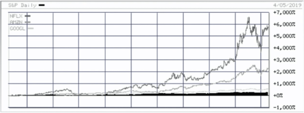 A graph of the S&P index showing how Netflix, Amazon and Google are outperforming all the other companies on the previous graph.