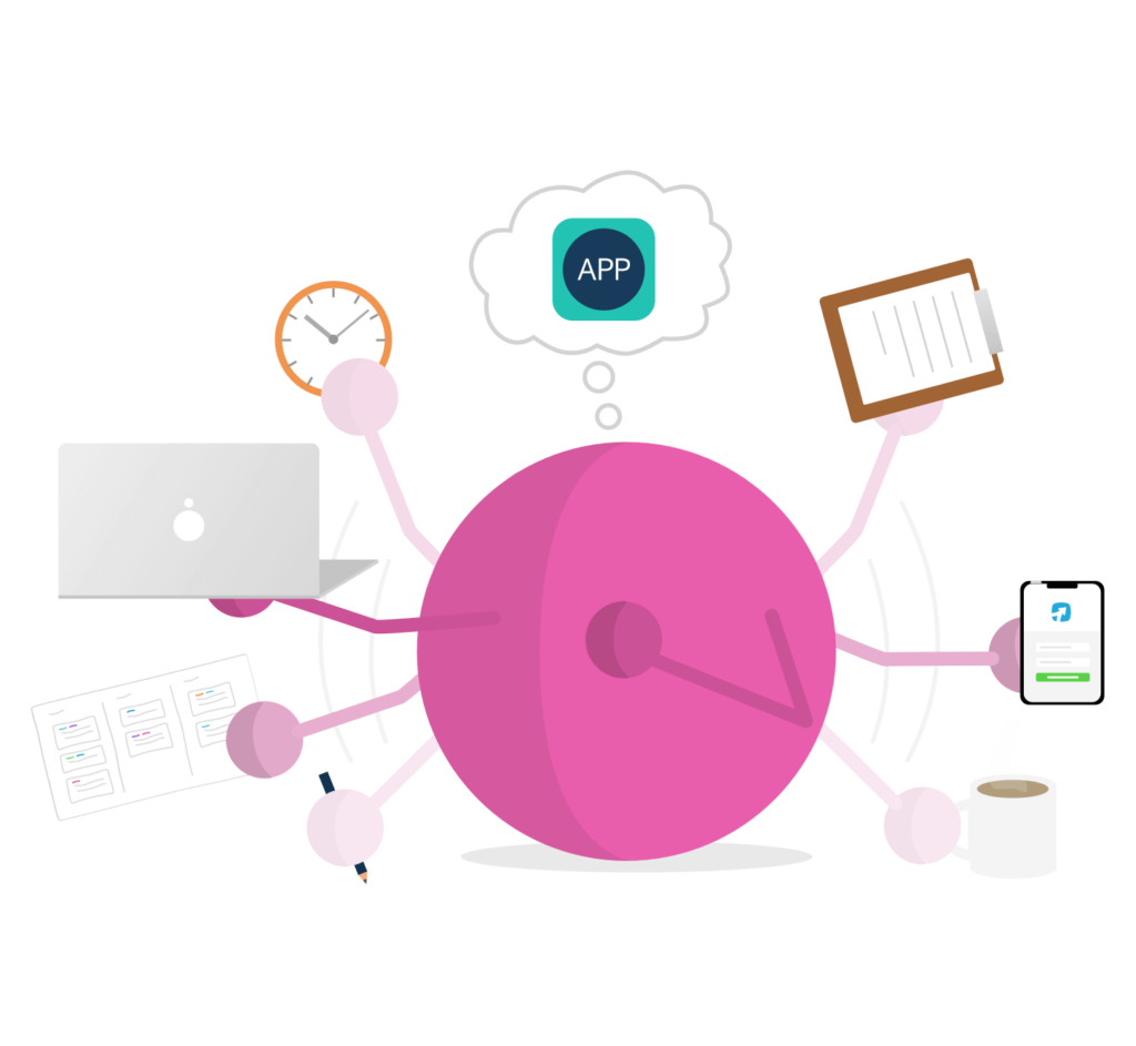 This illustrations shows is an interpretation of what is a product manager. Pink Dot has multiple arms, one is drawing, another a roadmap, another a laptop, another a clock, another a clipboard, another a mobile with the ProdPad app login, another a steaming cup of coffee and has a thought bubble above their head thinking about an app. 