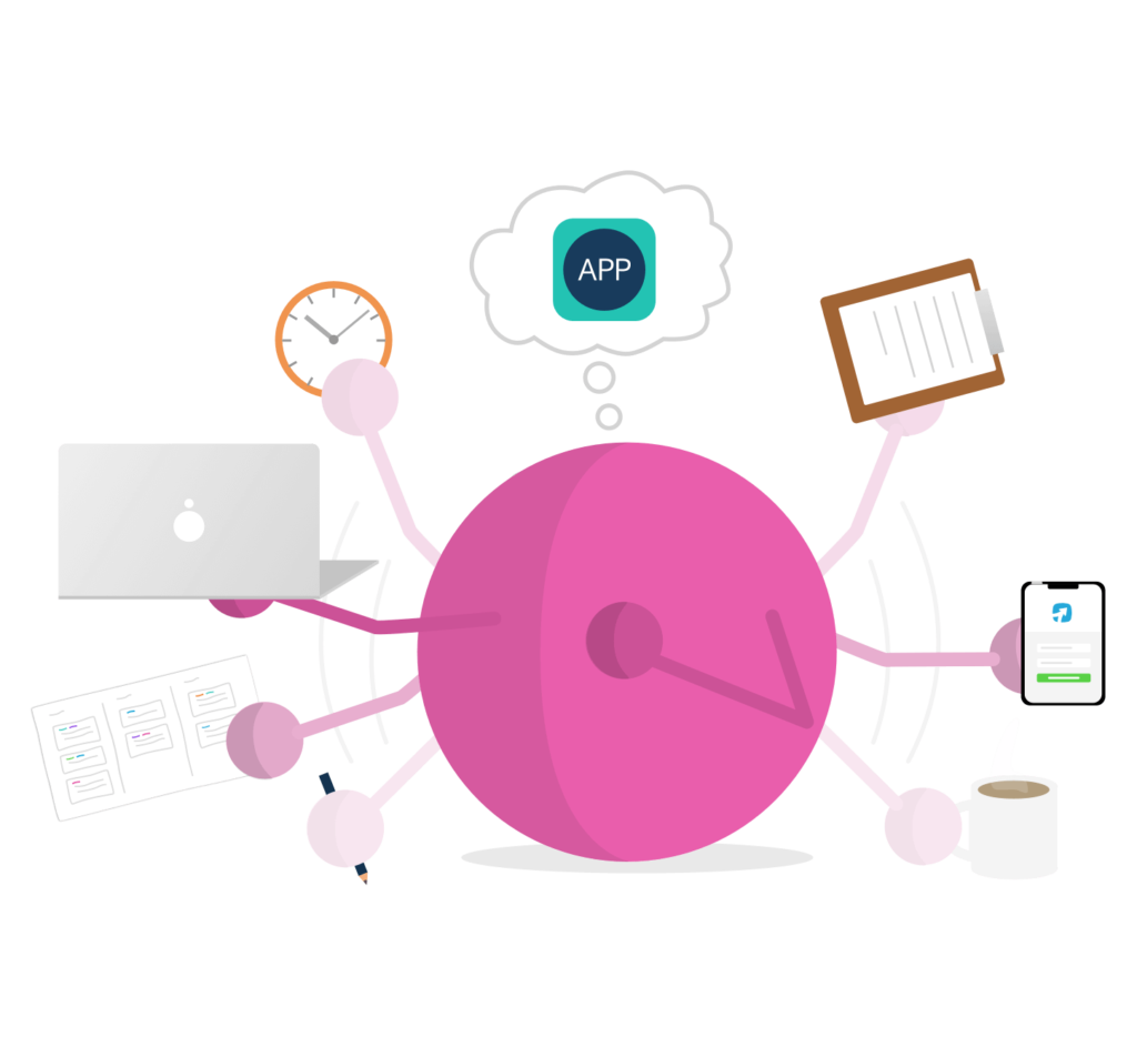 This illustrations shows is an interpretation of what is a product manager. Pink Dot has multiple arms, one is drawing, another a roadmap, another a laptop, another a clock, another a clipboard, another a mobile with the ProdPad app login, another a steaming cup of coffee and has a thought bubble above their head thinking about an app.