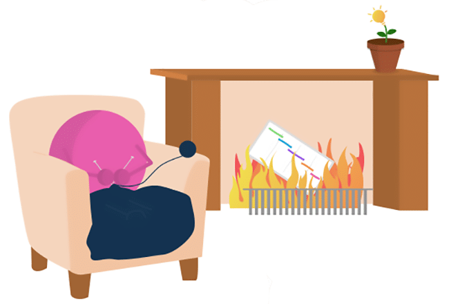 Liz Love Dot, sitting by the fireside having successfully broken up with deadlines and gantt charts
