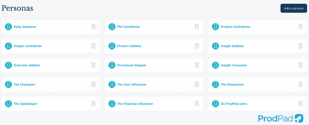 A screenshot of all of ProdPad's user personas