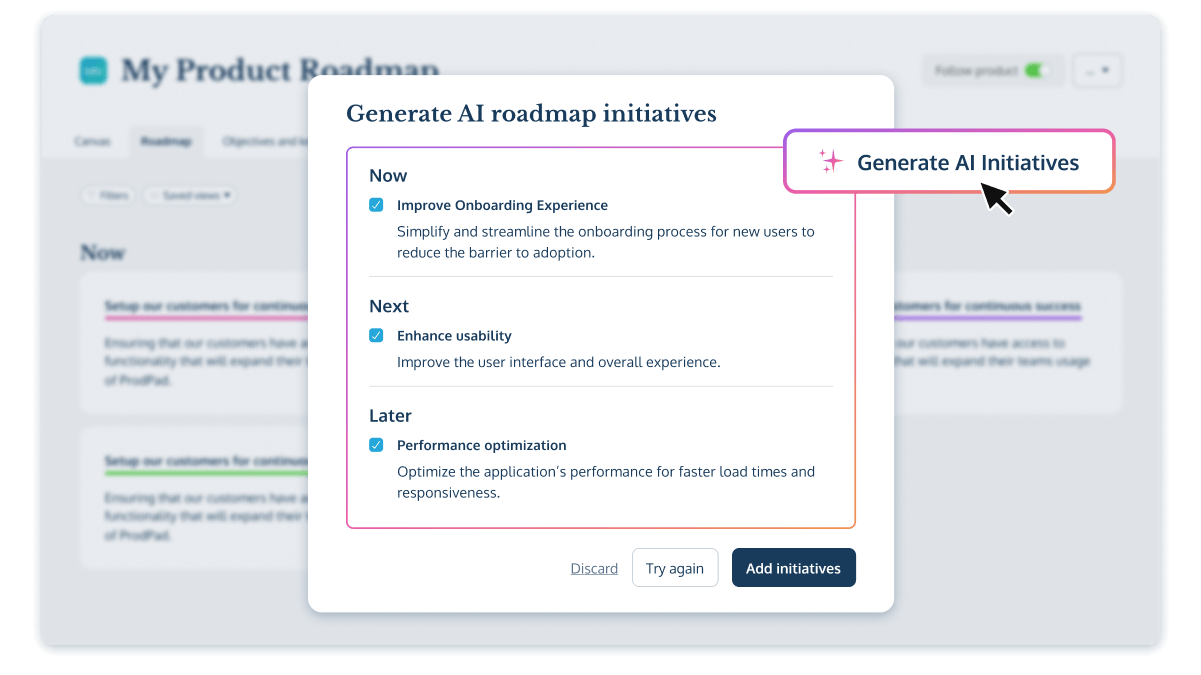 The AI product roadmap initiative generator in ProdPad product management software