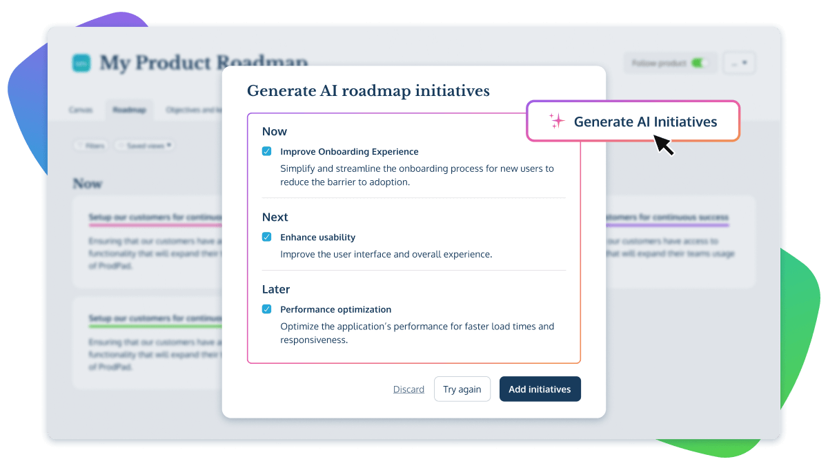 The AI product roadmap initiative generator in ProdPad product management software