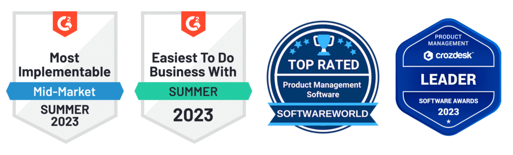 G2 most implemtable badge | mid-market | Summer 2023 \\
Easiest to do Business With | Summer | 2023 \\
Top rated | Product Management Software | Software World \\
Product Management Crozdesk || Leader || Software Awards 2023