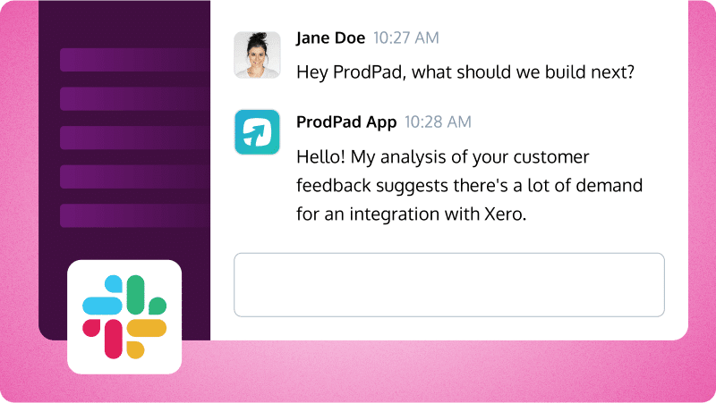 An example of The ProdPad AI Product Coach giving guidance through Slack