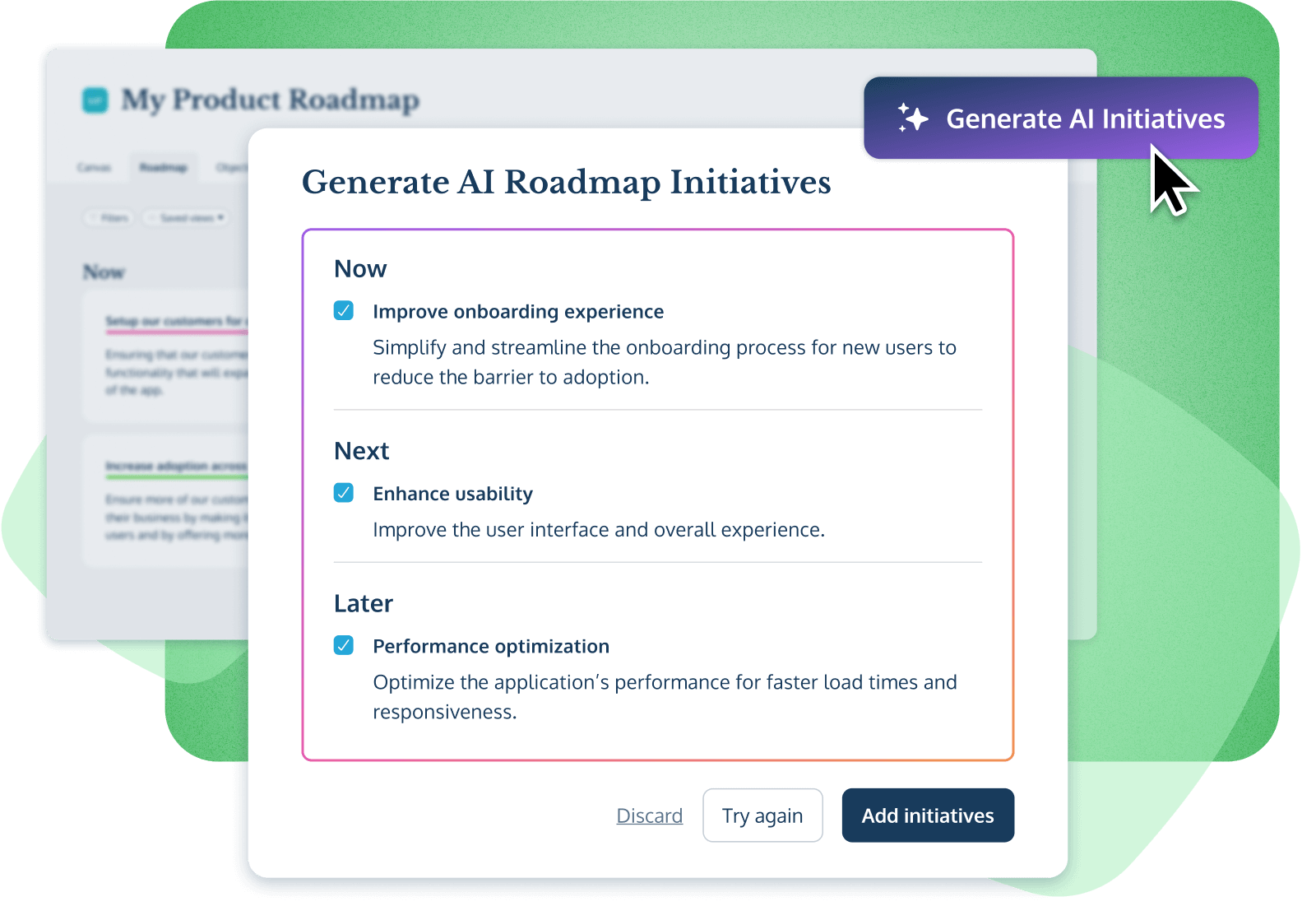 The AI Assistant generating roadmap initiatives in prodpad product management software