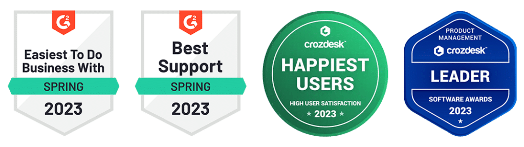 G2 Award Badges Easiest to do Business With, Best Support, Happiest Users and Leader