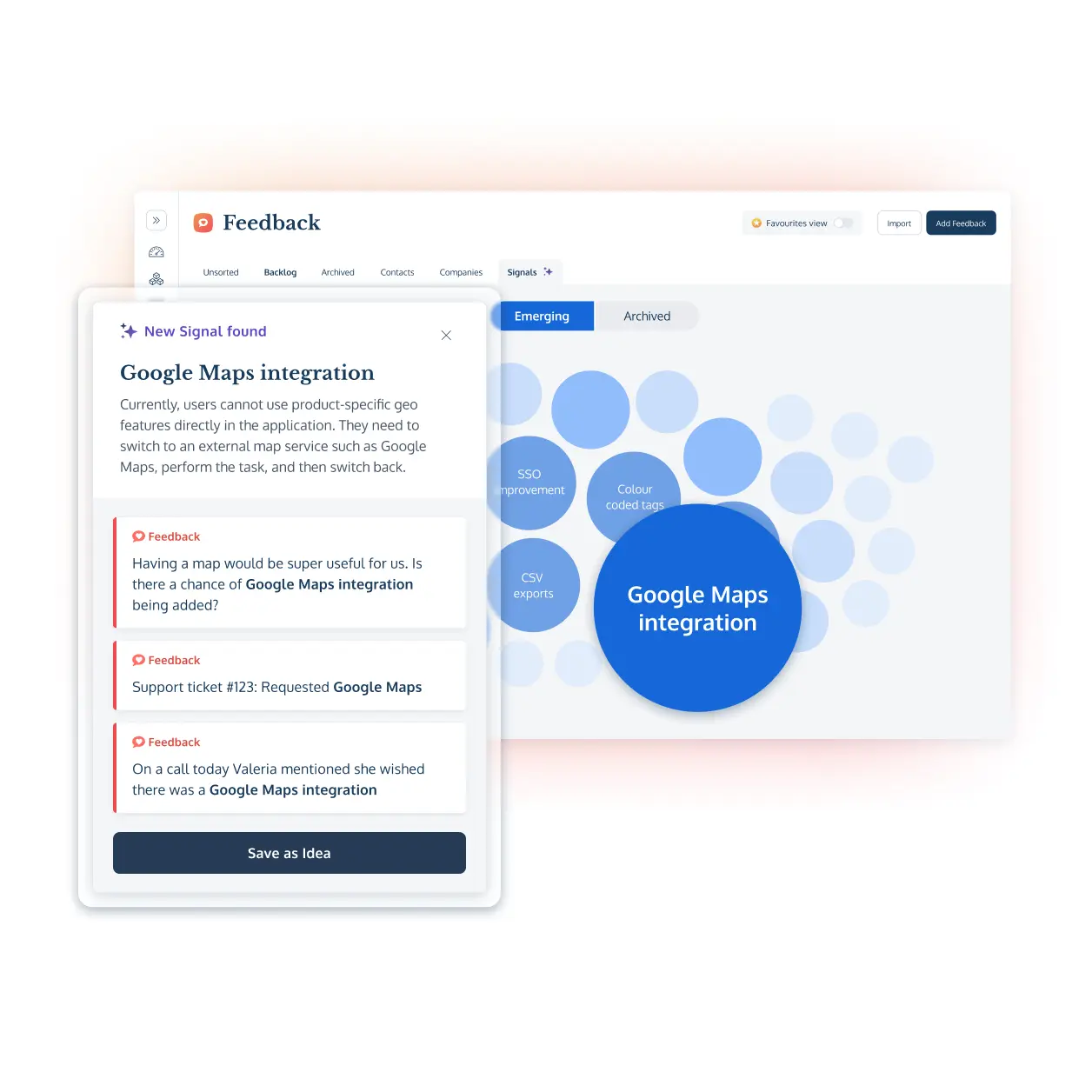 Customer feedback AI theme analysis in ProdPad product management software