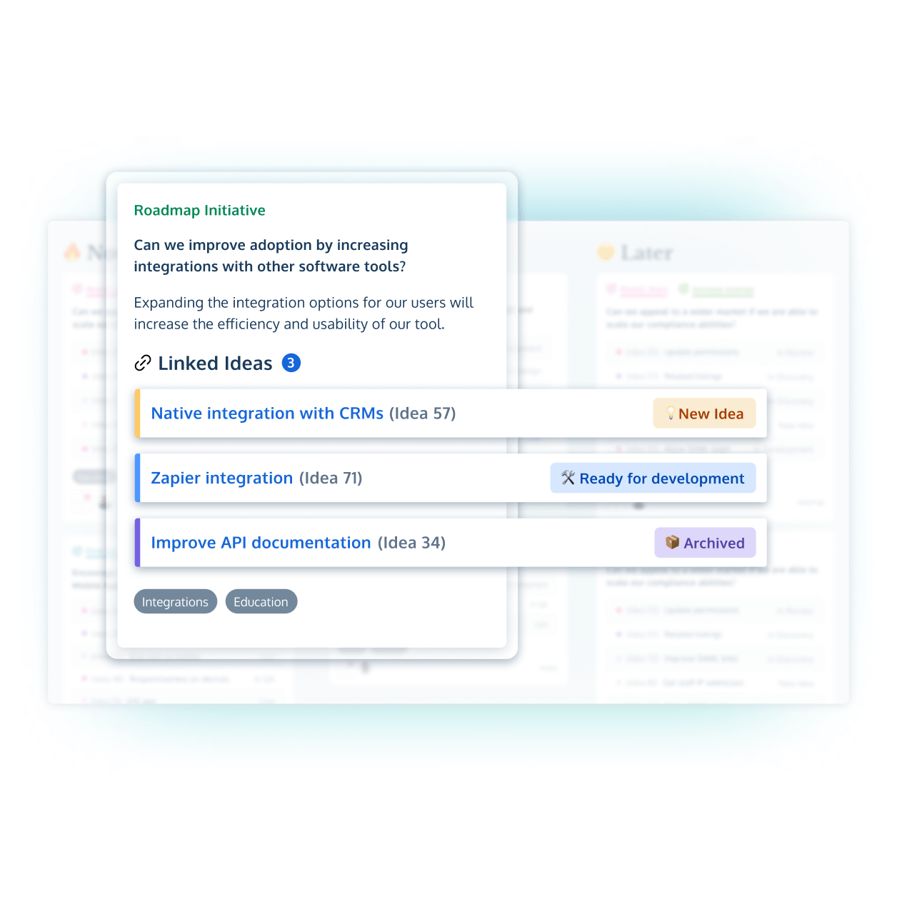 A product roadmap card in ProdPad product management software with an Initiative and Idea hierarchy