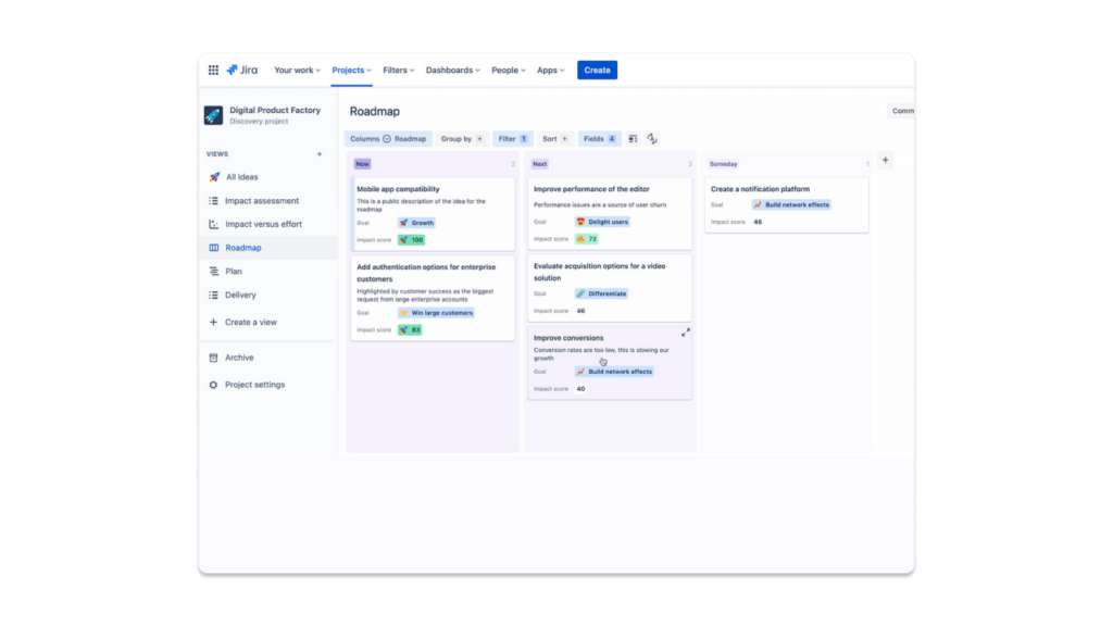 A shot from Jira Product Discovery one of the best product roadmap tools