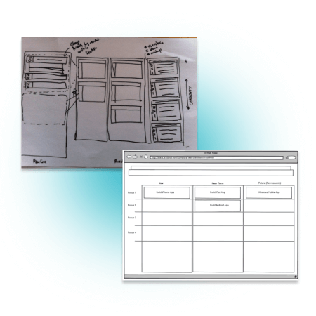 Early wireframes of ProdPad product management software and the Now-Next-Later roadmap