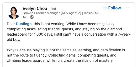 A post from Evelyn Chou with an product enshittification example of Duolingo