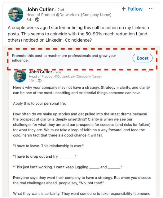 A LinkedIn post from product management thought leader John Cutler which gives a product enshittification example
