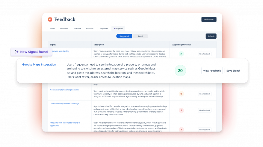 Signals, an automatic AI customer feedback analysis tool part of ProdPad's VoC tool