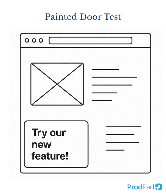 A website wireframe showing a pop-up as a painted door test to assess demand of a potential new feature that hasn't been built yet
