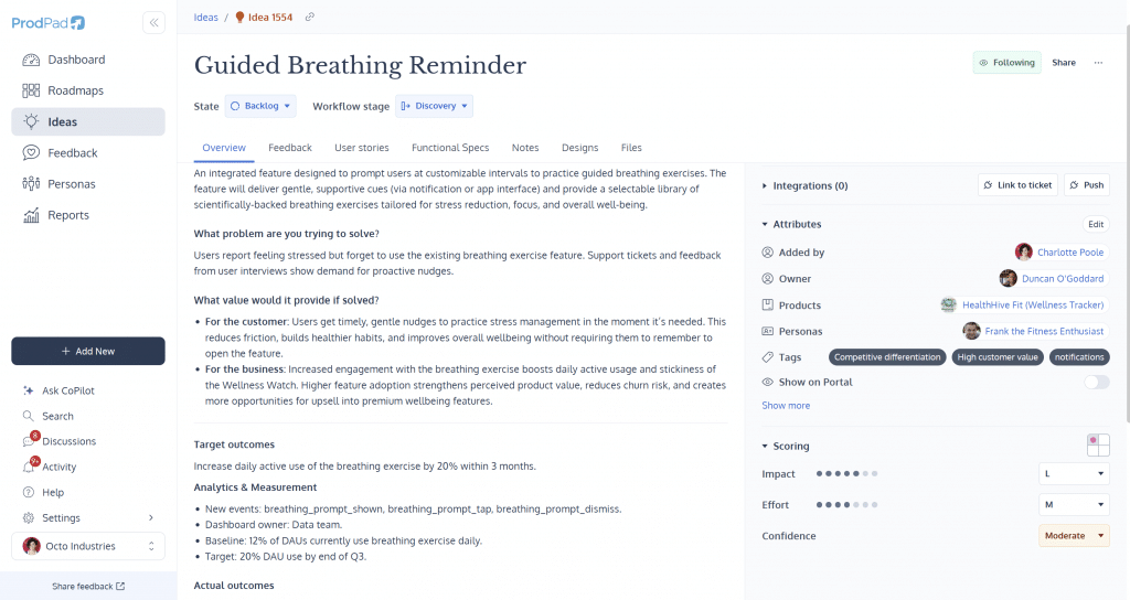 Definition of Ready story template populated with problem, outcomes, acceptance criteria, dependencies, analytics, and value fields in ProdPad Product Management software