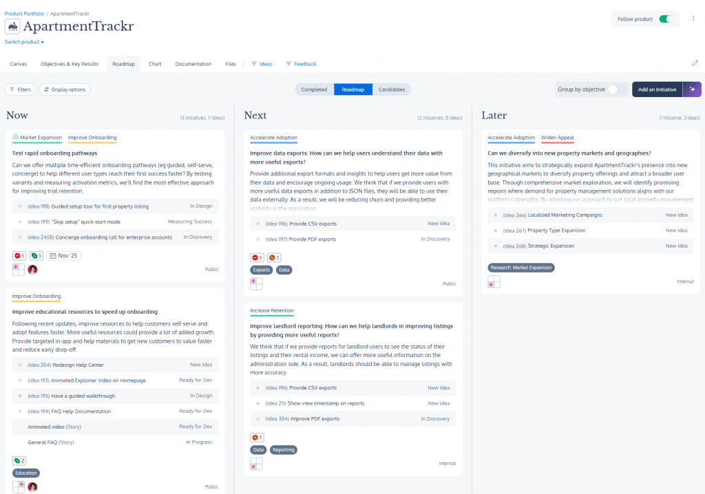 ApartmentTrackr roadmap example highlighting onboarding experiments, retention initiatives like data exports and reporting, and long-term market expansion into new property types and geographies.
