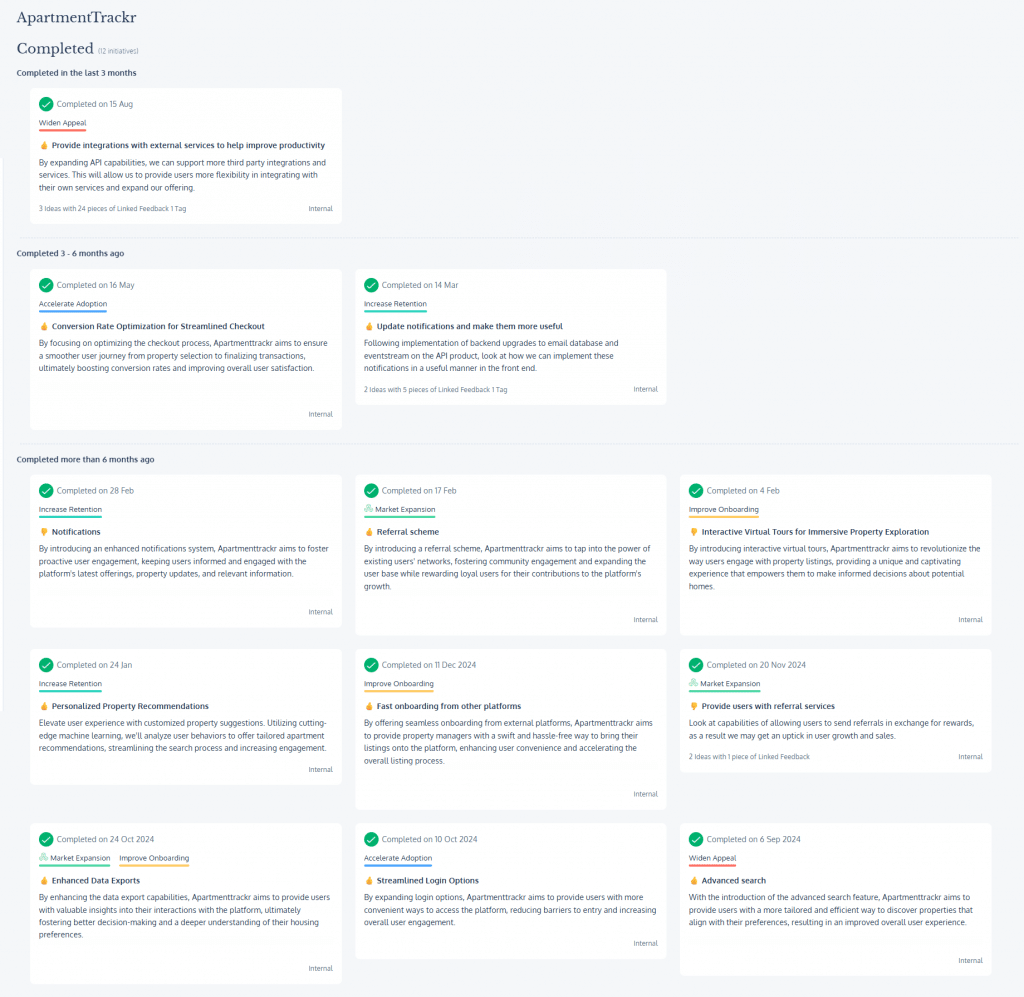 Completed roadmap example for ApartmentTrackr, showing initiatives delivered over the past 18 months with success (👍) and failure (👎) indicators linked to strategic objectives.