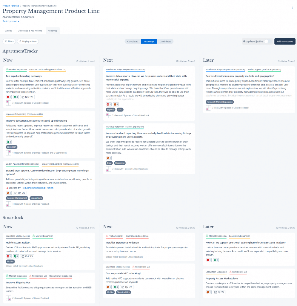 Product line roadmap example combining ApartmentTrackr and Smartlock, showing parallel but aligned initiatives across software and hardware products with visible dependencies.