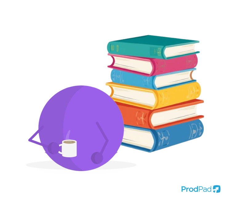 Dot Bot with stack of product management books recommended by ProdPad Product Management Software