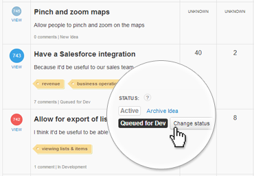 The status of your idea stays synced with your development tool